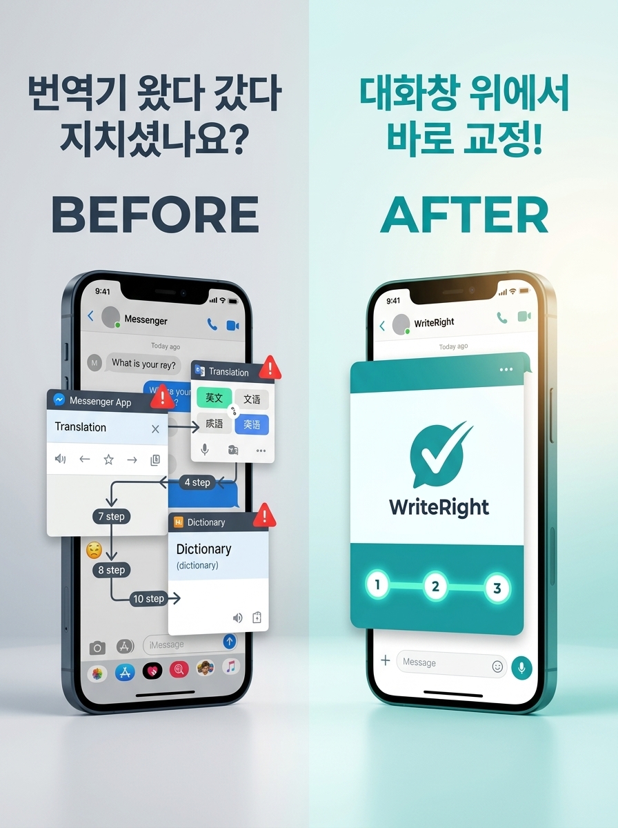 번역기 왕복 방식과 WriteRight 교정 방식 비교 이미지